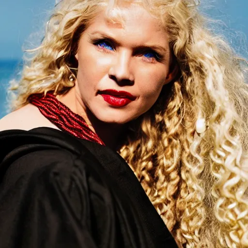 Image similar to a blonde woman leaning over the railing of a ship, a beautiful english woman with a long face narrow nose pale skin blue eyes red lips and wild messy tangles of curly white blonde hair, high resolution film still wearing a black robe and skull necklace and holding a spear, sandy, a journey to the west