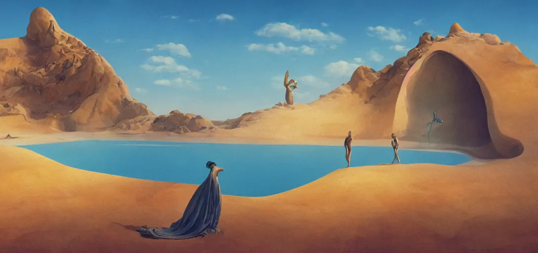 Image similar to a golden salt flat surrounded by dunes with a ruined statue of a woman emerging from the blue sand, illustrated, epic composistion, surreal flat colors, concept art