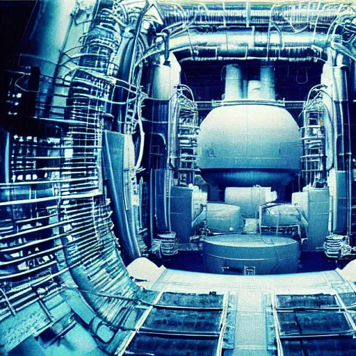 Prompt: an astounding 3 5 mm photo of a nuclear reactor glowing with cherenkov radiation