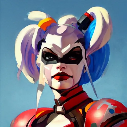 Image similar to greg manchess portrait painting of armored harley quinn as overwatch character, medium shot, asymmetrical, profile picture, organic painting, sunny day, matte painting, bold shapes, hard edges, street art, trending on artstation, by huang guangjian and gil elvgren and sachin teng