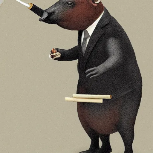 Image similar to a high detail photo of an antropomorphic capybara wearing a suit smoking a cigarrette, subject= duck, subject detail: wearing a suit, subject action: smoking a cigarrette photorealism