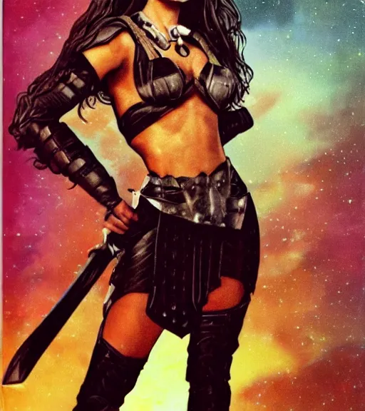 Image similar to 1 9 8 0 s fantasy novel book cover, amazonian ariana grande in extremely tight bikini armor wielding a cartoonishly large sword, exaggerated body features, dark and smoky background, low quality print