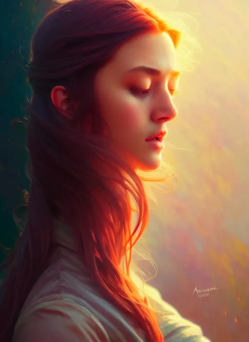 Image similar to handsome young women with shoulder length fire hair, half body shot, path traced, highly detailed, high quality, digital painting, alena aenami, lilia alvarado, shinji aramaki, karol bak, alphonse mucha, tom bagshaw