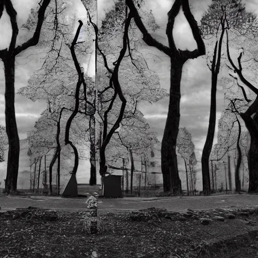Image similar to trees transforming to tanks, surreal, high detail