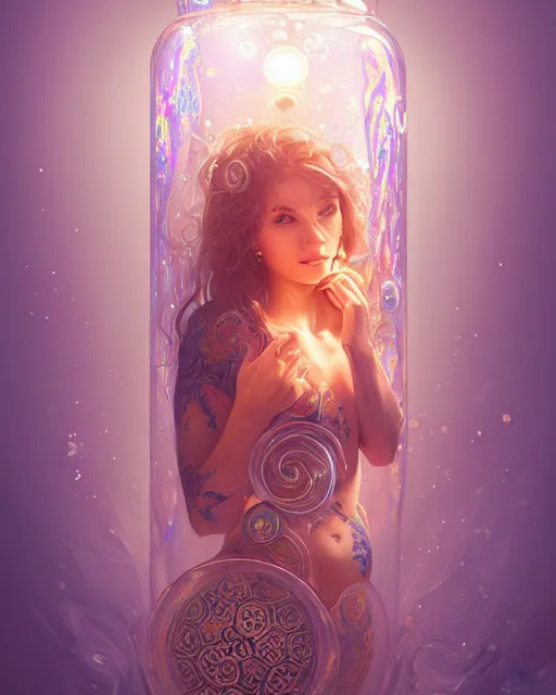 Image similar to a cute woman inside an ornate bottle of iridescent liquid, alchemy, intricate, bloom, detailed, volumetric lighting, sharp focus, photorealism, digital painting, highly detailed, concept art, by by artgerm and wlop