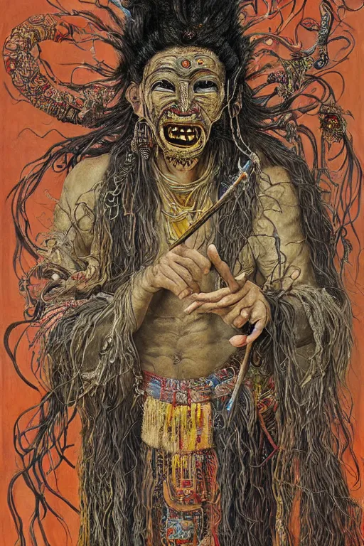 Image similar to a high hyper - detailed painting with complex textures, of an oriental shaman with tangled hair and a terrifying mask, wears a tunic vs. barefoot and has a cane, he is performing a ritual to access the world of imagination and dreams, cosmic horror spiritual visionsrio psicodelico weird bizarre art