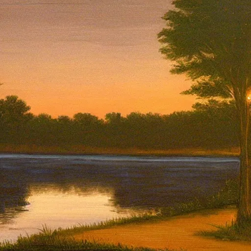 Prompt: mississippi river in the moonlight by bob ross,