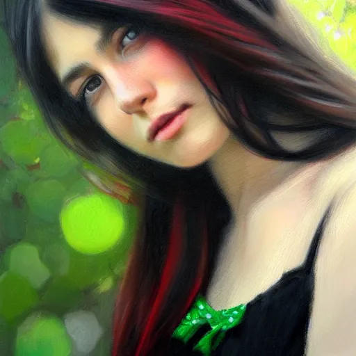 Prompt: a realistic illustration portrait of a beautiful cute girl with wavy black red shoulder - long hair, a pointy nose and, round chin black eyeliner and green pupills, in a garden, trending on artstation, hyper - realistic lighting, intricate by casey baugh