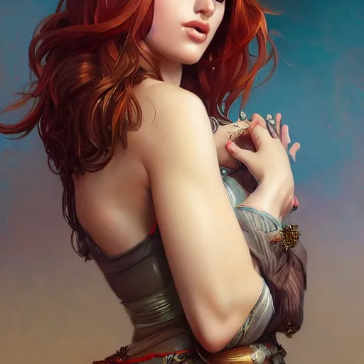 Prompt: ultra realistic illustration, bella thorne, flirtatious, tease, intricate, elegant, highly detailed, digital painting, artstation, concept art, smooth, sharp focus, illustration, art by artgerm and greg rutkowski and alphonse mucha