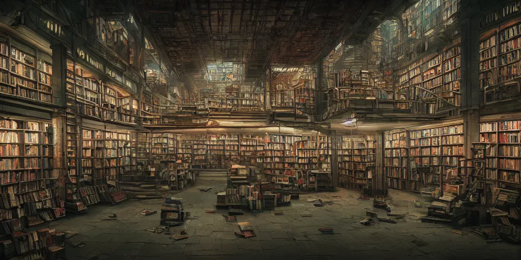 Image similar to cinematic shot of a vast interior of an old bookstore full of books with ladders and stairways, dystopian future, neon lights, sci - fi, night lights, haze, concept art, intricate, in the style of katsuhiro otomo, akira, unreal engine