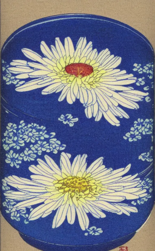 Image similar to by akio watanabe, manga art, a chrysanthemum flower inside a blue sake cup, trading card front