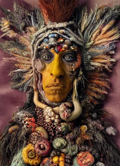 Prompt: a ( surrealist ) painting of a mystical! shaman's face, 3 d render, in the style of giuseppe arcimboldo, symbolist, soft colors, dramatic lighting, smooth!!, sharp focus, extremely detailed!!, aesthetically pleasing composition, octane render