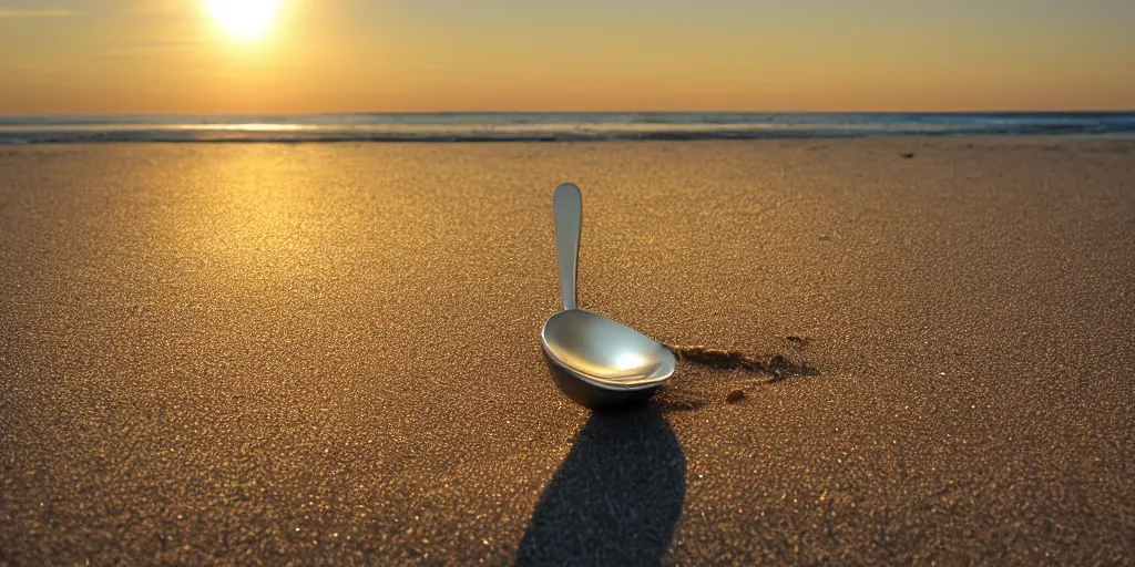 Image similar to A silver spoon on a golden sand beach at sunset