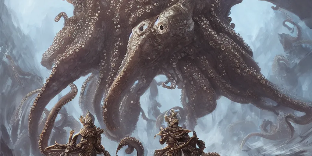 Prompt: marching army of octopus mages through ancient lands, intricate details, detailed face, detailed armour, artstation, epic scenery, ambient light, cinematic, digital painting by marco bucci