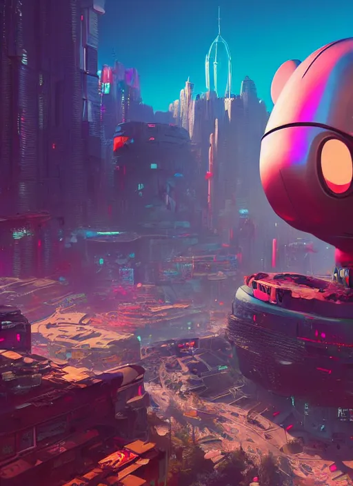 Prompt: giant destroyed cyberpunk mickey mouse head in netflix office, by beeple, golden ratio, cyberpunk, futuristic, sci - fi, octane render, unreal engine 5, trending on artstation, 8 k