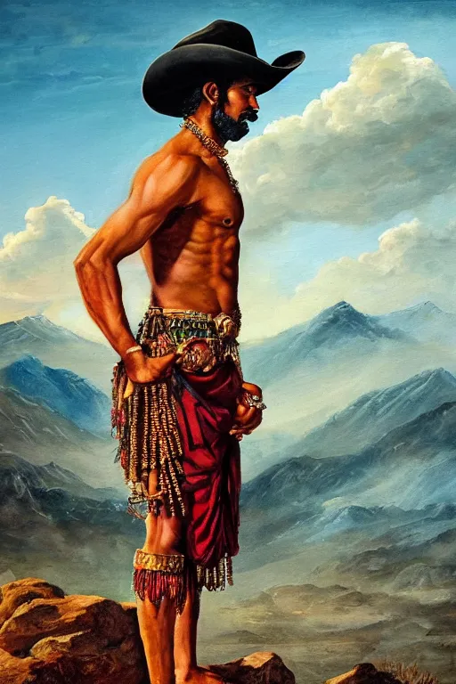 Prompt: a dramatic epic beautiful painting of a shirtless desi man wearing a kilt and cowboy hat | background is mountains and clouds | by mark maggiori and walter crane | trending on artstation