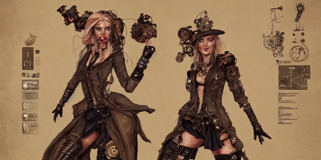 Prompt: steampunk britney spears, character sheet, concept design, contrast, kim jung gi, greg rutkowski, zabrocki, karlkka, jayison devadas, trending on artstation, 8 k, ultra wide angle, pincushion lens effect