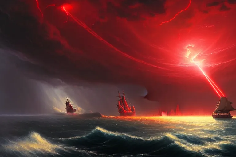 Prompt: A beautiful matte painting of huge spherical alien spaceship attacking with powerful red lasers a Sailship in ocean in thunderstorm by Greg Rutkowski and Ivan aivazovsky