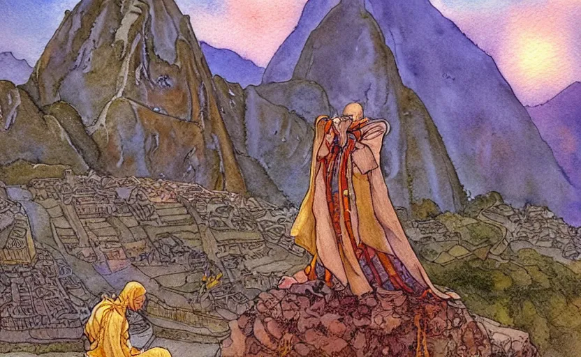 Image similar to a realistic and atmospheric watercolor fantasy concept art of a golden ufo hovering above machu pichu. in the foreground a female medieval monk in grey robes is kneeling with her hands by her sides. by rebecca guay, michael kaluta, charles vess