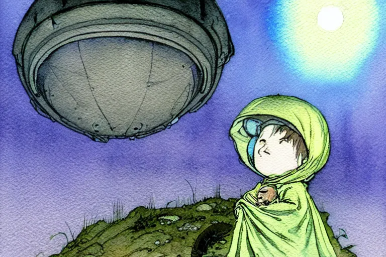 Image similar to a realistic and atmospheric watercolour fantasy character concept art portrait of a short fat chibi alien wearing robes emerging from the mist on the moors of ireland at night. a ufo is in the sky. by rebecca guay, michael kaluta, charles vess and jean moebius giraud