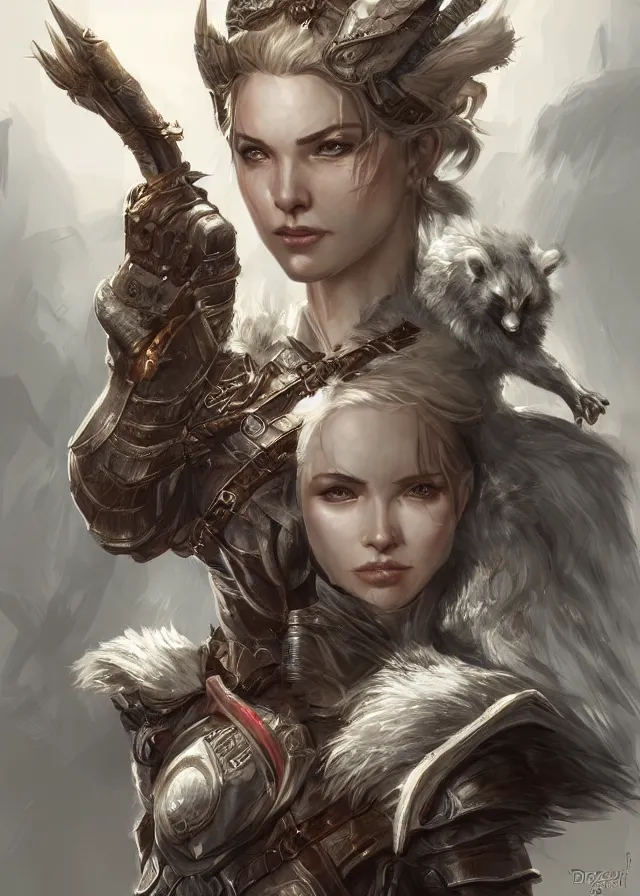 Prompt: a beautiful hyper realistic detailed epic concept art showing a noble knight women with her raccoon gardian above her, by artgerm, dareck zabrocki, in the style of dragon age, featured on artstation