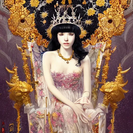 Image similar to a beautiful black haired woman with pale skin and a crown on her head sitted on an intricate metal throne, flower decoration on the background, beautiful illustration, atmosphere, top lighting, perfect composition, smooth, highly detailed, art by so - bin and yuhong ding and chengwei pan,