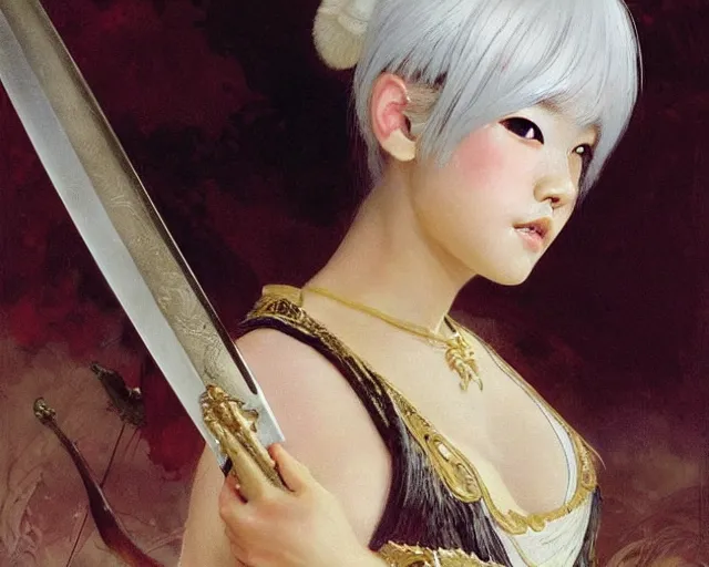 Prompt: a young japanese princess lady with white hair and bangs!!!!, posing with a sword killing an ox, white hair highly detailed painting by gaston bussiere, craig mullins, j. c. leyendecker 8 k