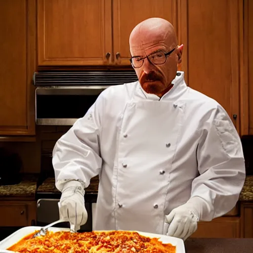 Image similar to walter white cooks an oversized lasagna