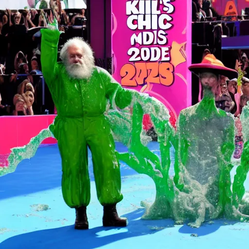 Prompt: karl marx slimed at the kids choice awards, professional photography