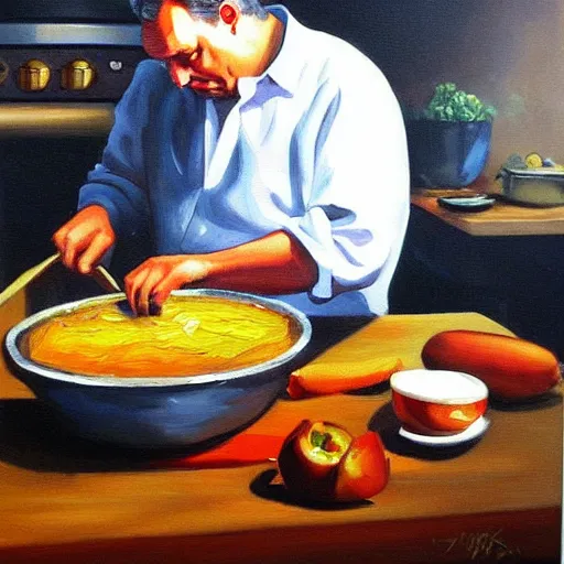 Image similar to viktor orban cooking, oil painting