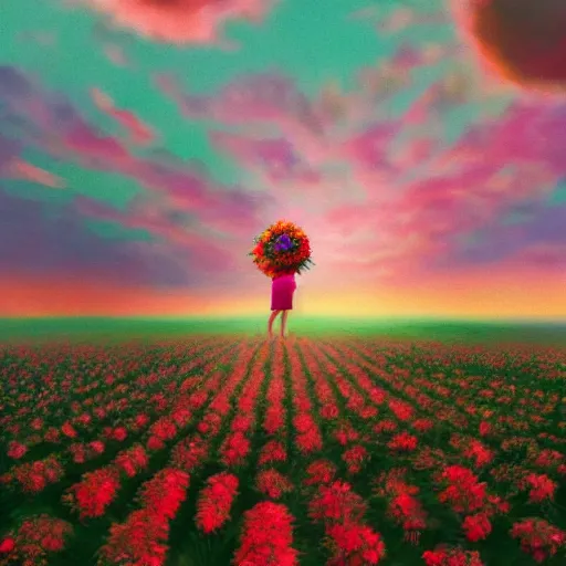 Image similar to giant rose flower head, full body girl standing in a flower field, surreal photography, sunrise, dramatic light, impressionist painting, colorful clouds, digital painting, artstation, simon stalenhag