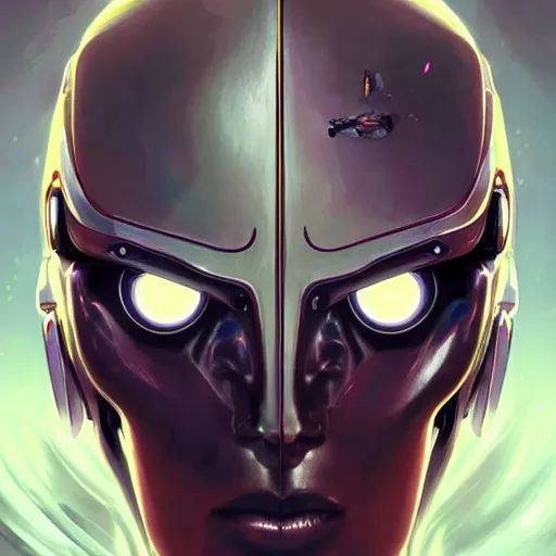 Image similar to a magical robot head, artificial intelligence, highly detailed, digital painting, mechanical details, cyber punk, smooth, sharp, beautiful face, expressive eyes, art by greg rutkowski and alex gray and boris vallejo