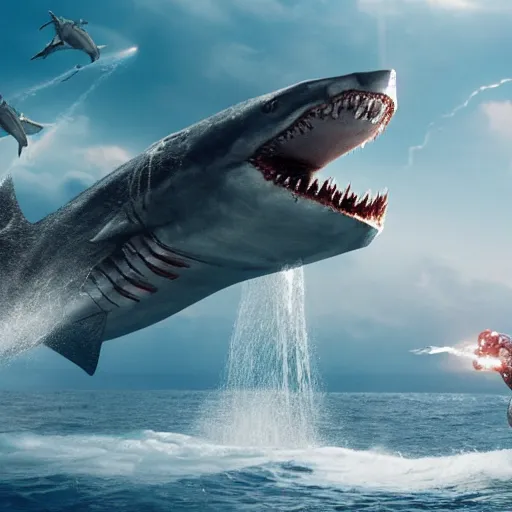 Prompt: film still of iron man as a shark in the movie jaws, photography, trailer, 4 k