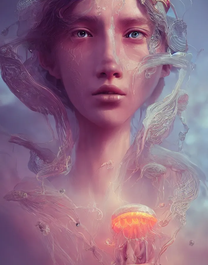 Image similar to goddess portrait. jellyfish phoenix head. intricate artwork by Tooth Wu and wlop and beeple. octane render, trending on artstation, greg rutkowski very coherent symmetrical artwork. cinematic, hyper realism, high detail, octane render, 8k