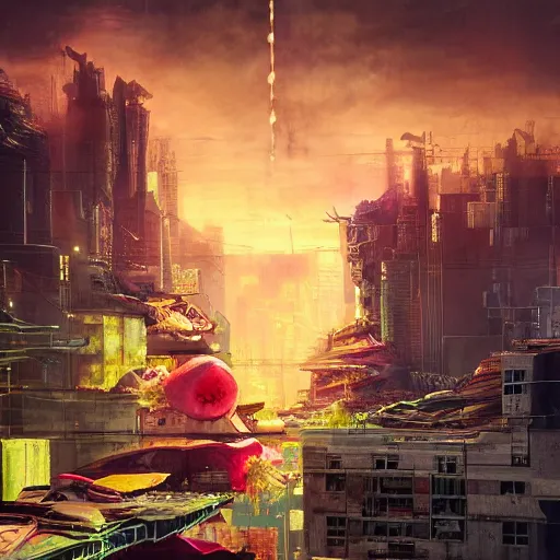 Prompt: Concept Digital Art Highly detailed giant Watermelon warlord destroying city by Stephen Hickman and Beeple. Very highly detailed 8K,Pentax 67, Kodak Portra 400 in style of Hiromasa Ogura Ghost in the Shell, the golden ratio, rational painting