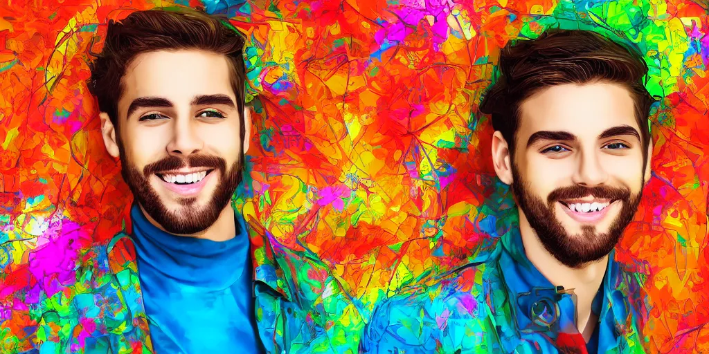 Image similar to most handsome beautiful young man smiling, digital art, colourful background, digital art, seductive.