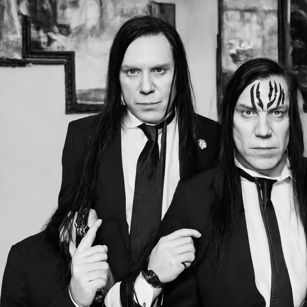 Image similar to francois legault, suit and tie, business outfit, black metal make - up, black metal album cover, black metal band name, studded choker, long black hair