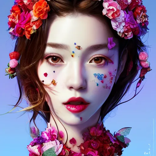 Prompt: the face of absurdly beautiful, graceful, elegant, sophisticated, sensual adult gravure idol made of strawberries and colorful petals with tears, an ultrafine photorealistic illustration by kim jung gi, irakli nadar, intricate linework, bright colors, octopath traveler, final fantasy, unreal engine highly rendered, global illumination, radiant light, intricate environment
