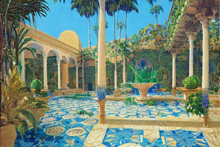 Image similar to painting of a beautiful moorish palace courtyard garden, by alayna danner and maxfield parrish and rob gonsalves, patterned tilework, palm trees, tiled fountains, extremely detailed, cinematic lighting, smooth sharp focus