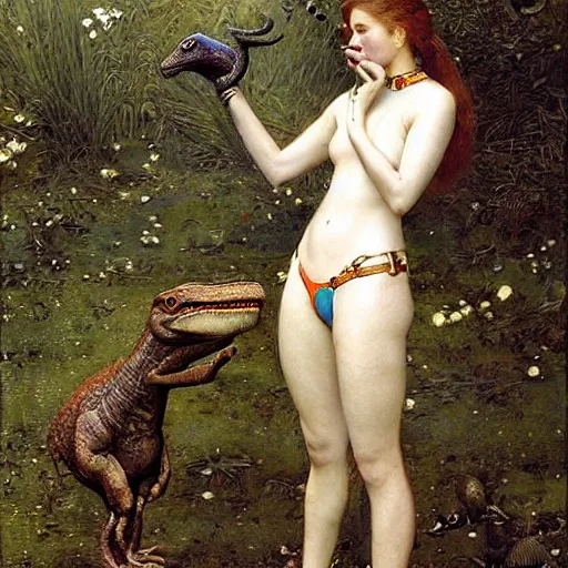 Prompt: epic masterpiece full body portrait a beautiful woman with a small dinosaur as a pet on a leash, by Edgar Maxence and Ross Tran and Michael Whelan