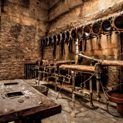 Image similar to an old medieval dungeon with rusty mechanical equipment,