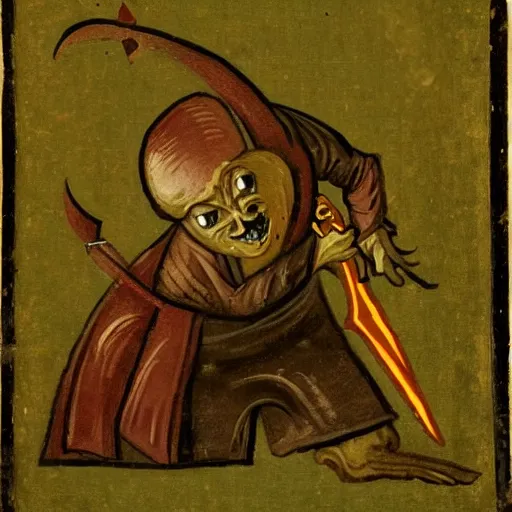 Prompt: medieval portrait of a goblin stabbed by a beautiful sword, simple