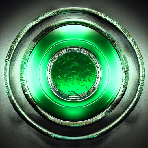 Image similar to shiny metallic amulet with a glowing emerald, highly detailed, concept art, beautiful, octane render, realistic, underwater