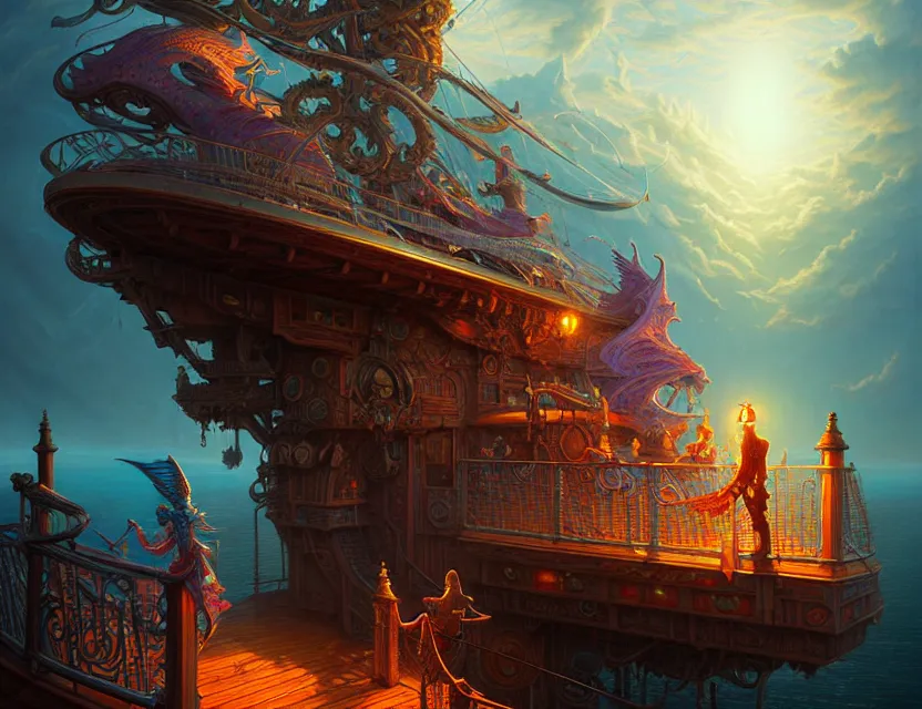 Prompt: standing upon the deck of the flying magical ship, d & d fantasy art, artstation contest winner, beautiful digital painting in the style of dan mumford, art by kev chan, volumetric lighting, intricate details, concept art, ultrarealistic, fantasypunk, deep colors, cgsociety, by art germ, by gerald brom, by peter mohrbacher