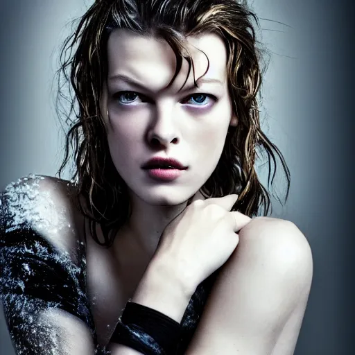 Image similar to Young Milla Jovovich as a snow goddess covered in snow, grungy, unkept hair, glowing eyes, winter, modelsociety, radiant skin, huge anime eyes, RTX on, bright on black, dramatic, studio lighting, perfect face, intricate, Sony a7R IV, symmetric balance, polarizing filter, Photolab, Lightroom, 4K, Dolby Vision, Photography Award