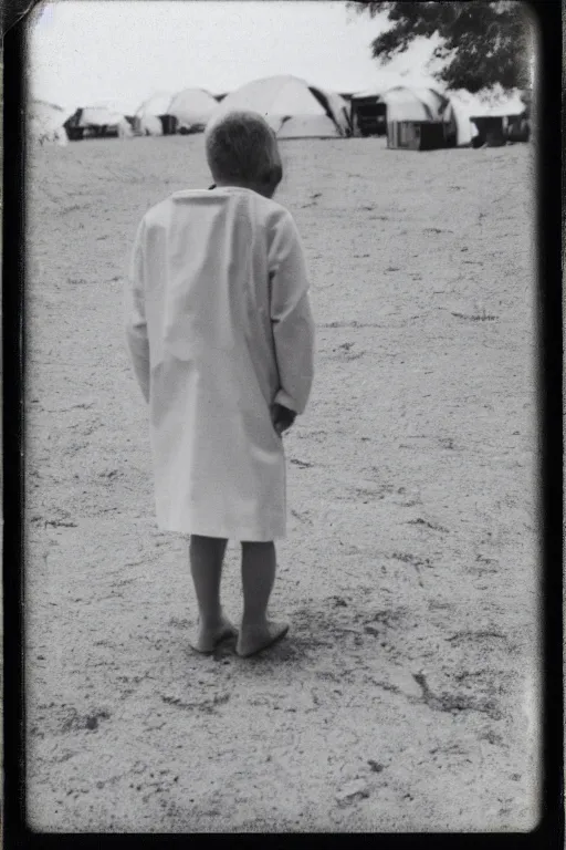 Image similar to photo polaroid of a sad and lonely child in a white coat and barefoot stands in the middle from behind the camera many big tents of field hospitals, pandemic, covid, loneliness, black and white ,photorealistic, 35mm film,