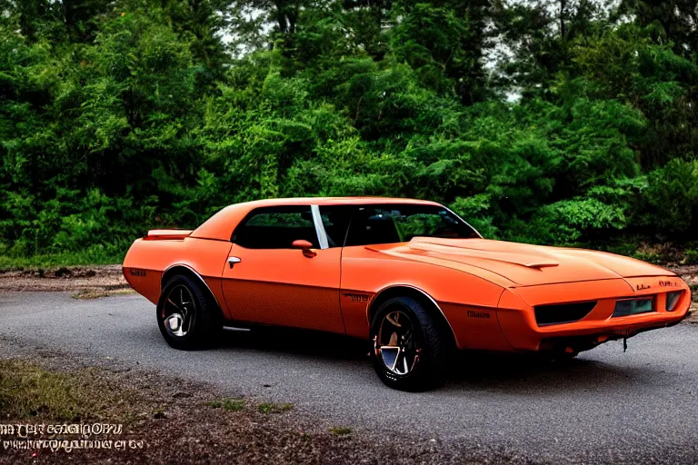 Image similar to pontiac firebird with glowing paint, sunrise, eerie light, fireflies, dramatic, cinematic, forest, sunbeams, volumetric lighting, wide shot, low angle, lightning hitting the car