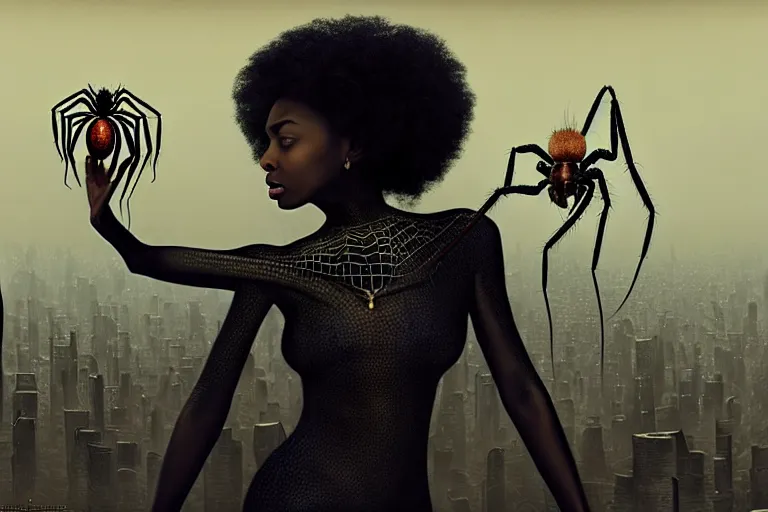 Image similar to realistic detailed photorealistic portrait movie shot of a beautiful black woman with a giant spider, dystopian city landscape background by denis villeneuve, amano, yves tanguy, alphonse mucha, ernst haeckel, david lynch, edward robert hughes, roger dean, cyber necklace, rich moody colours, cyber patterns, wide angle