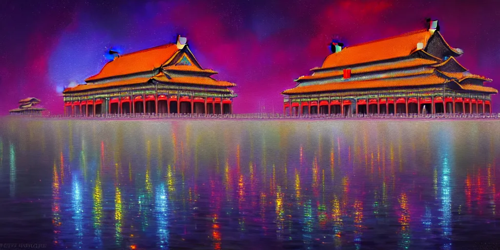 Prompt: A realistic painting of Forbidden City by Neon Light. Cyberpunk Impressionism, in the style of Esao Andrews, Prismatic, Pearlescent, reflective, shimmering, highly detailed, masterpiece, dreamy, concept art, Cinematic lighting, 8k, trending on artstation