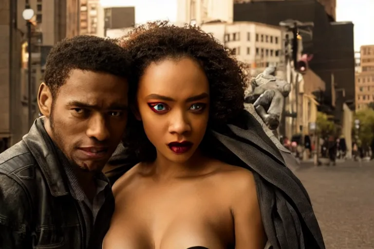 Image similar to movie powerful mutant heroes interracial couple closeup, DC Marvel fashion, VFX powers at night in the city, city street, beautiful skin, natural lighting by Emmanuel Lubezki